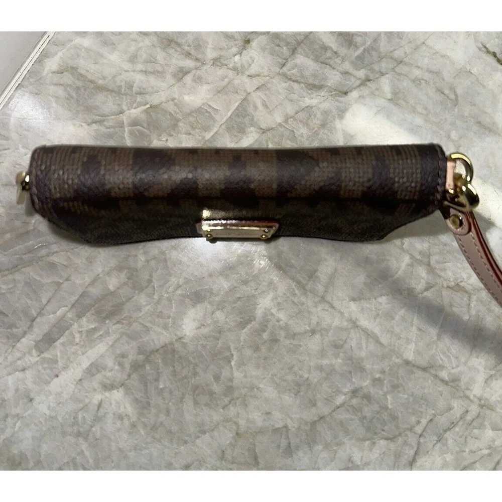 Michael Kors Patent Leather Wristlet Wallet Monogram Gold Black Zip Designer